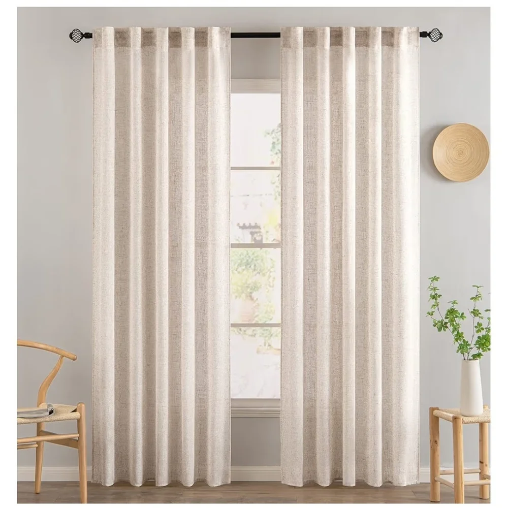 2 Natural Linen color 60x52 Textured Burlap Semi Sheer Curtain Panels